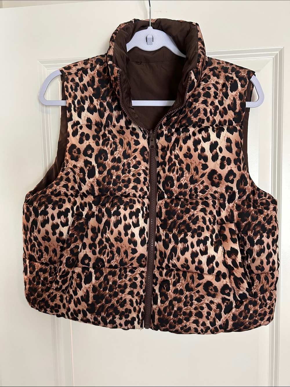 Madden Girl Leopard Print Puffer Vest - Brown & Black